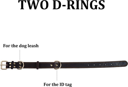 Leather Dog Collar, Heavy Duty Wide Dog Collar for Small,Medium,Large and Extra Large Dogs (M: 1" Wide for 15.2"-19.2" Neck, Dual Stitch - Brown)