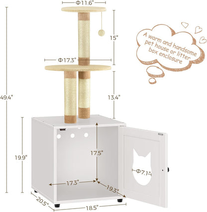 Cat Litter Box Enclosure with Litter Box Enclosure, Furniture with Tree Tower and Condo, Indoor House with Sisal Scratching Post and Soft Plush Perch, White