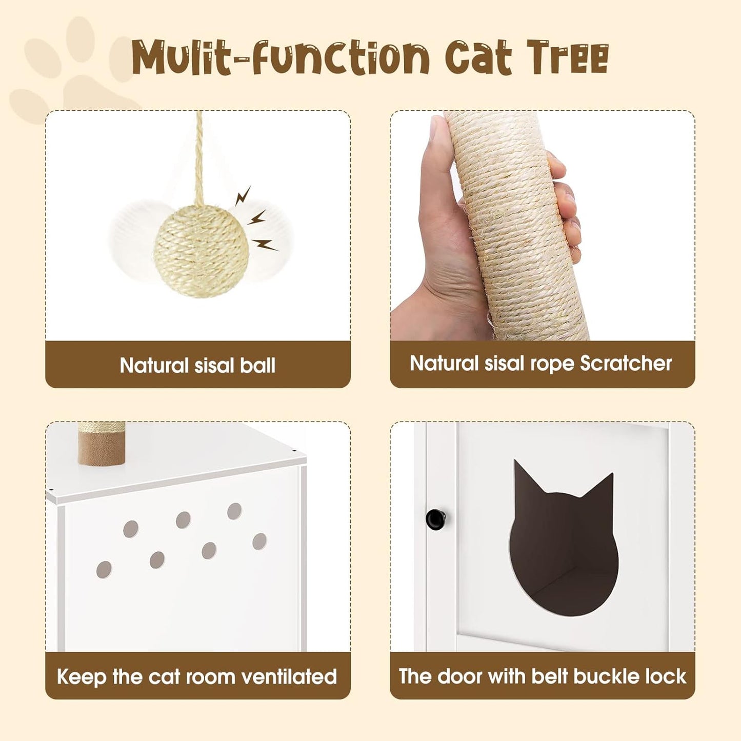 Cat Litter Box Enclosure with Litter Box Enclosure, Furniture with Tree Tower and Condo, Indoor House with Sisal Scratching Post and Soft Plush Perch, White