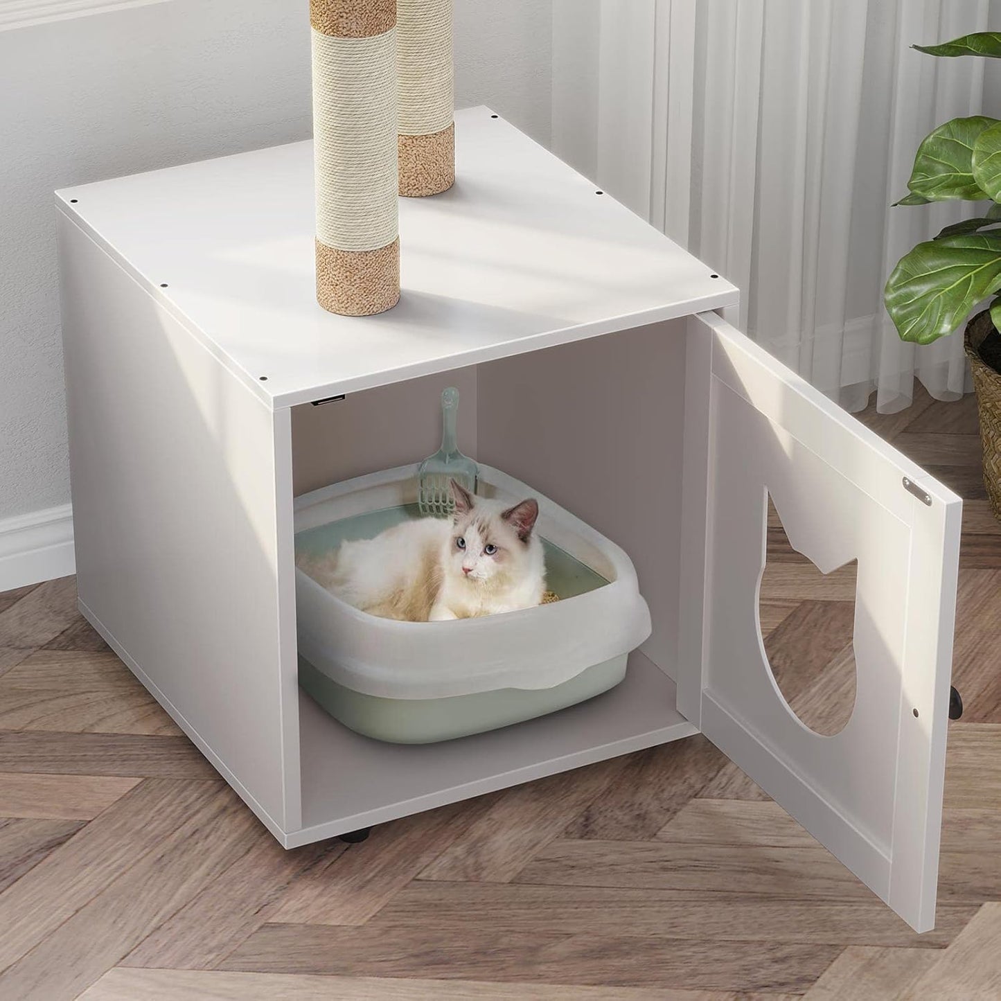 Cat Litter Box Enclosure with Litter Box Enclosure, Furniture with Tree Tower and Condo, Indoor House with Sisal Scratching Post and Soft Plush Perch, White