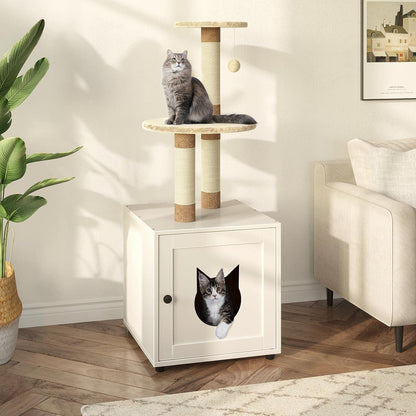 Cat Litter Box Enclosure with Litter Box Enclosure, Furniture with Tree Tower and Condo, Indoor House with Sisal Scratching Post and Soft Plush Perch, White